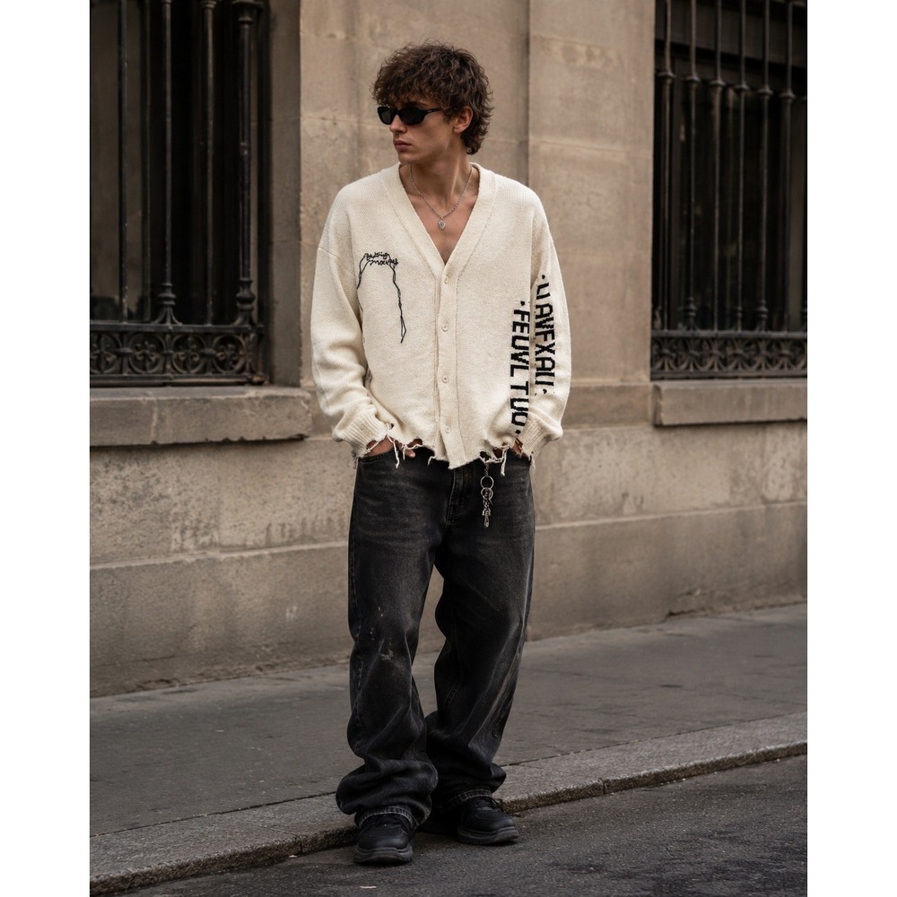 Doublet Cardigan Men's Size L Cream Good Distressed Raw Hem Graphic‎ Sleeve